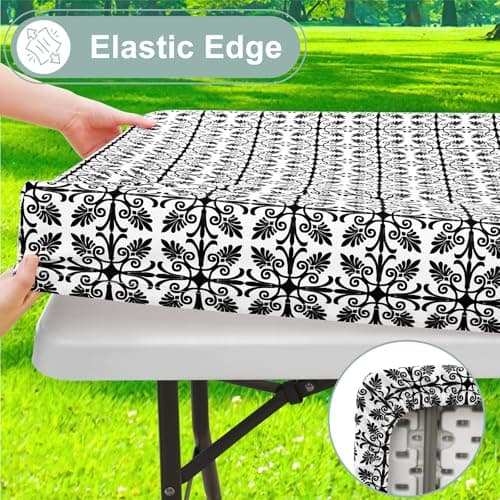 misaya Picnic Table Cover with Bench Cover, Waterproof Elastic Fitted Tablecloth for 6 Foot Tables, Rectangle Washable Polyester Tablecloths for Picnic, Camping, Outdoor (Black, 30" x 72") - Thumbnail 3
