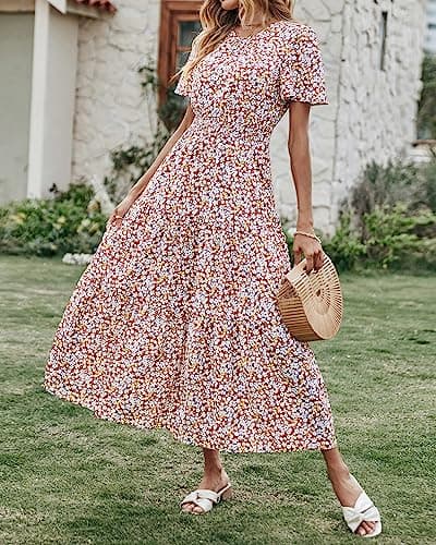 PRETTYGARDEN Women's Summer Casual Short Flutter Sleeve Round Neck Smocked Waist Tiered Boho Floral Flowy Maxi Dress(Floral and Leave Brown White,XX-Large) - Thumbnail 3