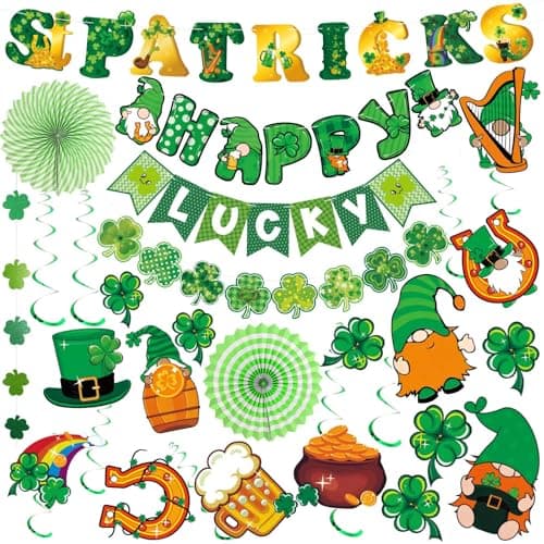 St Patricks Day Decorations,Pre-Assembled Saint Patricks Day Decorations Office Party,Shamrock Lucky Banner Garland Hanging Swirls St. Patrick's Day Decoration,Irish St Patricks Day Decor Accessories - Image 1