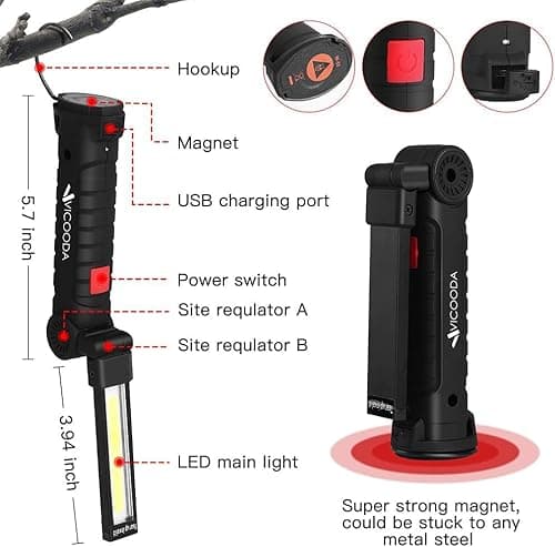 VICOODA LED Rechargeable Work Light with Magnetic Base Hanging Hook, 360° Rotate 5 Modes, Mechanic Flashlight for Car Repair, Grill, Outdoor, Emergency, Tight Spaces - Tool Gifts for Men (4 Pack) - Thumbnail 4