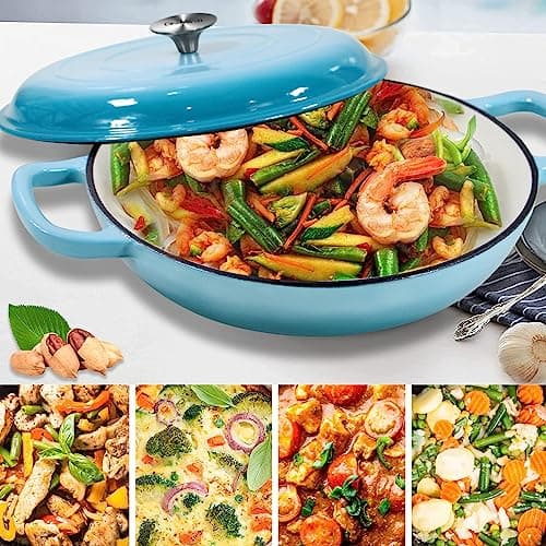 COOKWIN Cast Iron Casserole Braiser, 3.8 Quart,Heavy Duty Casserole Skillet with Lid and Dual Handles, Porcelain Enameled Surface Cookware Pot, Mother's Day Gifts for Family Light Blue - Thumbnail 2
