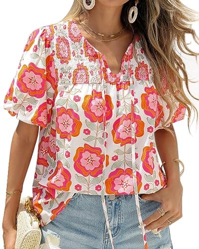 KIRUNDO Boho Tops for Women Summer 2026 Dressy Floral Blouse V Neck Drawstring Short Sleeve Shirts Beach Vacation Clothes(White Pink Flower, Medium) - Image 1