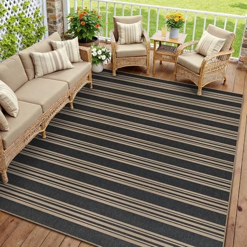 PureCozy Striped Easy Jute 6x9 Area Rugs Black Washable Outdoor Patio Rug for Living Room Indoor Outdoor Carpet Non Slip Office Farmhouse Neutral for Backyard Balcony Porch Bedroom Dining Room - Image 1