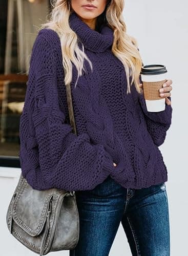 Dokotoo Womens High Neck Sweaters Batwing Long Sleeve Solid Fashion Casual Ladies Loose Basic Chunky Knitted Pullover Sweaters Jumper Deep Purple X-Small - Thumbnail 2