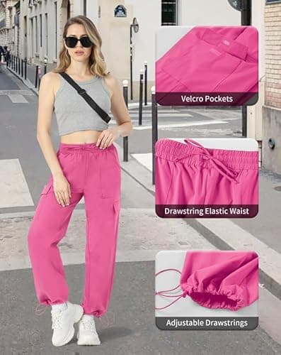 keriffe Baggy Cargo Pants Women Parachute Hiking Wide Leg Pants with 4 Pockets Y2K Clothes Casual Travel Hot Pink - Thumbnail 6