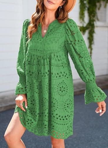 Dokotoo Prom Dress for Women 2026 Trendy Flare Long Sleeve Tassel V Neck Green Dresses Elegant A Line Hollow Out Lace Ruffle Casual Dress Plus Size Spring Clothes Large - Thumbnail 2