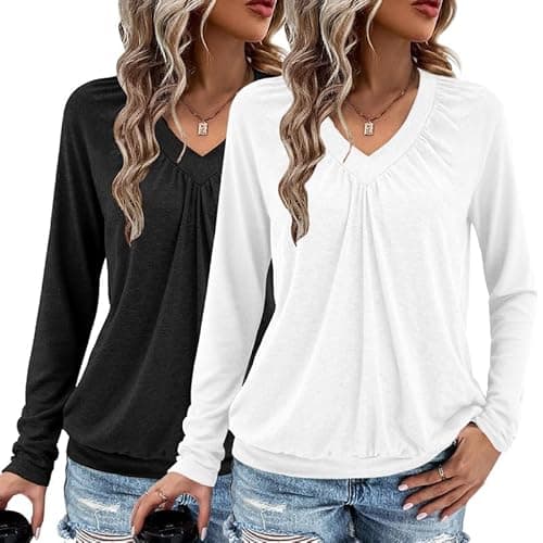 AIZHINENG 2 Pack Women Tops Long Sleeve Shirts V Neck Loose Fit Soft Casual Solid Color T-Shirts Fall Clothing - Image 1