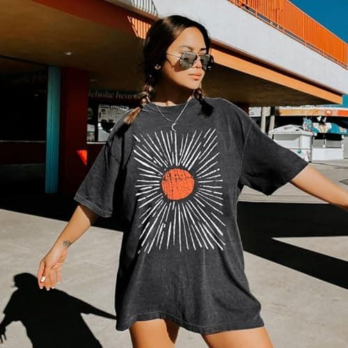 Womens Oversized Tee Shirts Vintage Sunshine Graphic Tees Hiking T-Shirts Boho Summer Short Sleeve Top - Thumbnail 2