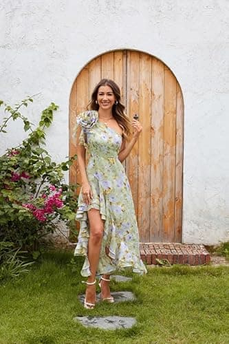 GRACE KARIN Womens Floral Summer One Shoulder Ruffle Maxi Dresses Flowy A-Line Beach Boho Sundresses Green Purple 18 - Thumbnail 4