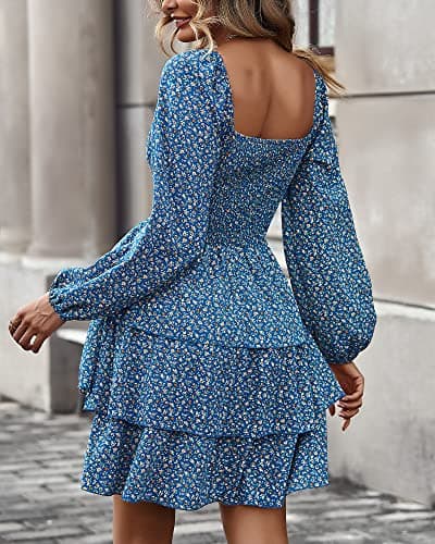 BTFBM Womens Long Sleeve Dress Vacation Square Neck Smocked Floral Swiss Dot Mini Boho Spring Wedding Guest Dresses 2026(Floral Royal Blue, X-Large) - Thumbnail 5