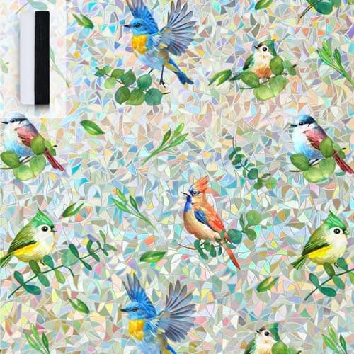 Stained Glass Privacy Window Film, Rainbow Bird & Leaf Static Cling Decorative Film for Kitchen, Bathroom & Home, Day & Night Privacy, No Glue Renter Friendly, Includes Free Squeegee, 23.6"W x 78.7"H - Image 1