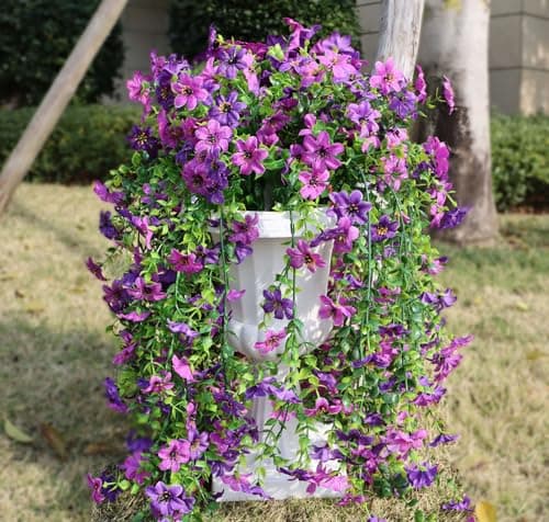 Obmnor Artificial Hanging Flowers for Outdoors, 4 Pack Fake Hanging Plant for Spring Summer Decor, UV Resistant Faux Silk Flower for Planter Front Door Porch Patio Yard Garden (Double Purple) - Thumbnail 4
