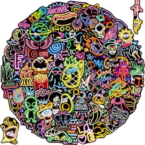 300 Pcs Cool Neon Water Bottle Sticker for Kids Teens, Waterproof Stickers for Water Bottle Laptop Skateboard, Assorted Fun Neon Sticker Pack Prizes for Kids Classroom Party Decorations - Image 1