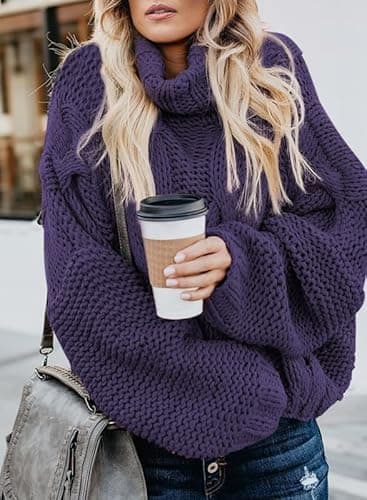 Dokotoo Womens High Neck Sweaters Batwing Long Sleeve Solid Fashion Casual Ladies Loose Basic Chunky Knitted Pullover Sweaters Jumper Deep Purple X-Small - Thumbnail 3