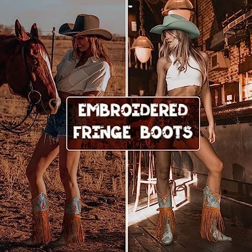 SaraIris Women's Blue Western Mid Calf Boots, Size 9.5, Knee-High, Fringe, Pull-On, Pointed Toe, Embroidered, Slip-Resistant, Water-Resistant, Kitten Heel - Thumbnail 4