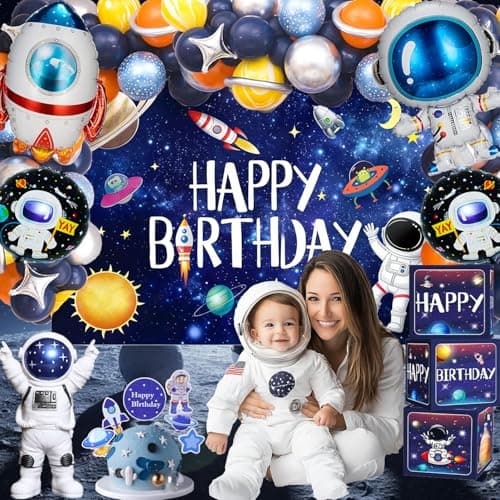 Outer Space Birthday Party Decorations – Space Theme Supplies with Backdrop, Tablecloth, Rocket Balloons, Astronaut Balloons Cake Topper for Kids & Boys - Thumbnail 6