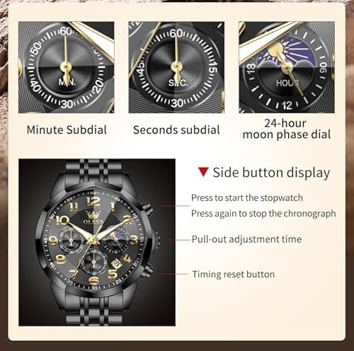 OLEVS Watch Men Black Watches for Men Luxury Big Face Stainless Steel Dress Analog Quartz Easy Read Mens Watches Classic Casual Waterproof Moon Phase Chronograph Men's Watch - Thumbnail 6