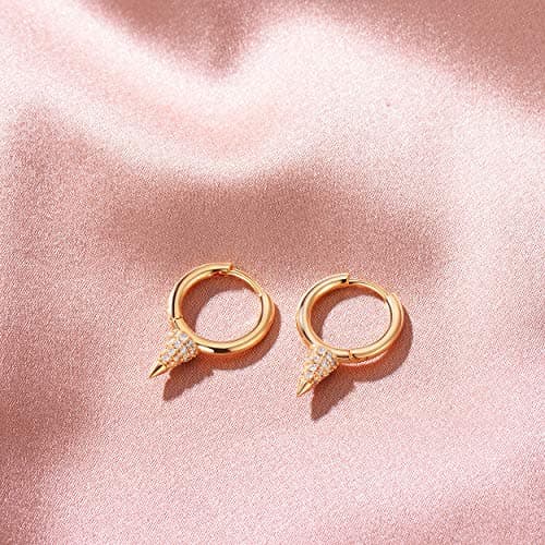 VALLOEY ROVER Huggie Earrings Gold for Women 14K Gold Plated Cubic Zirconia Awl Cone Huggie Hoops Dainty Shiny Hoop Earrings - Thumbnail 5