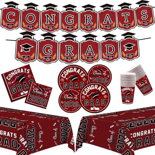 OHOME Graduation Decorations 2026 - Graduation Decorations Class of 2026 - Serve 24 - Maroon Plates Tablecloth Napkins Cups Graduation Banner- Graduation Party Favors Supplies - Image 1