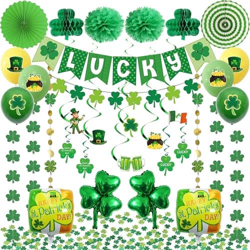 103 PCS St. Patrick’s Day Decorations Kit Party Supplies Set, Shamrock Hanging Swirl, Lucky Banner, Clover Garland, Balloons & Table Confetti for Irish St Patrick’s Day Home Party Decor - Image 1