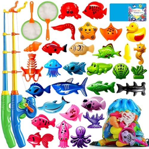 CozyBomB™ Magnetic Fishing Toys Game Set for Kids | Water Table Bathtub Kiddie Pool Party Pole Rod Net, Outdoor Plastic Floating Fish, Toddler Bath Color Ocean Sea Animals Easter Gift Age 3-5 6 4-8