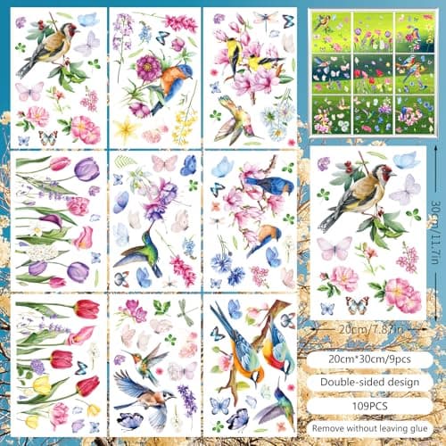 109 Pcs Spring Window Clings,Spring Flower Window Clings for Glass Windows,Double-Sided Floral Pattern Window Clings for Bird Strike Prevention,Seasonal Window Stickers for Spring Decor(9 Sheets) - Thumbnail 4
