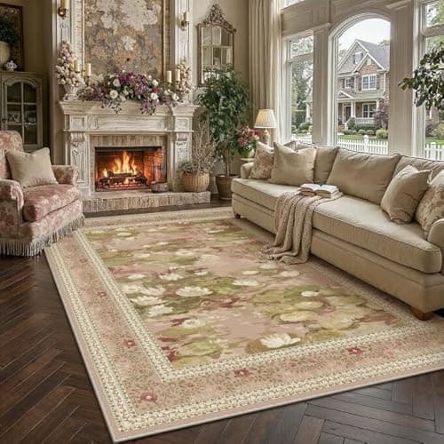 PureCozy Washable 8x10 Area Rug for Living Room Pink Floral Indoor Large Carpet Non Slip Low Pile Vintage Impressionist Rugs for Bedroom Dining Room Nursery Playroom Farmhouse Decor - Image 1