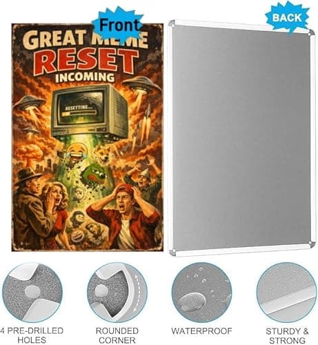 Great Meme Reset Incoming Metal Sign - 8x12 Inch Vintage Tin Plaque Featuring Meme Icons & Alien Invasion Art, Perfect for Humorous Home or Office Decor, Pre-Drilled for Easy Hanging - Thumbnail 5