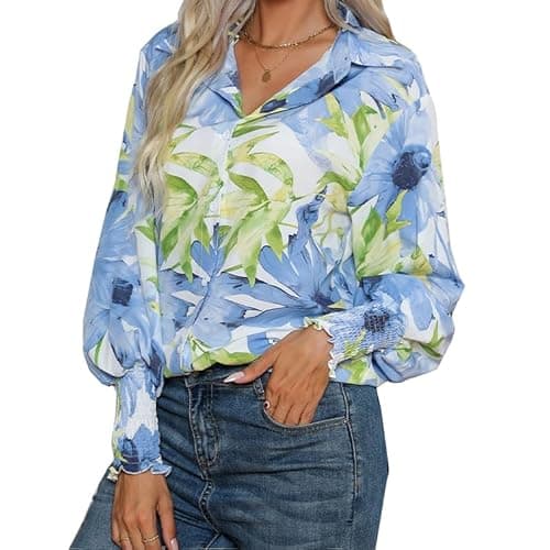 Mincib Women's Floral Print Blouse Long Sleeve Button Down Shirts Casual Dressy Blouse Shirts Tops(02Blue,M) - Image 1