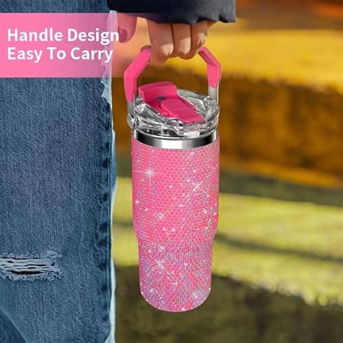 Bling Rhinestone Studded Tumbler with Top Handle, Bling Cups Stainless Steel Water Bottle Diamond Glitter Tumbler for Women - Birthday Gifts for Women, Mom,Get Well Soon Gifts (Fuschia) - Thumbnail 4
