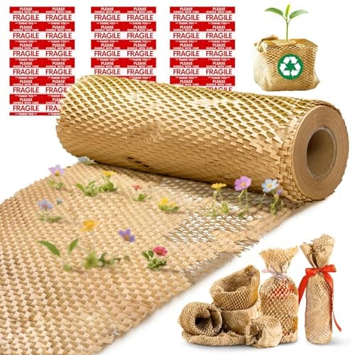 Honeycomb Packing Paper, 12"x400' Brown | Perforated Honeycomb Packing Paper Recyclable Moving Supplies for Shipping & Moving | Plastic-Free Alternative to Bubble Cushion Wrap with 36 Fragile Stickers - Image 1
