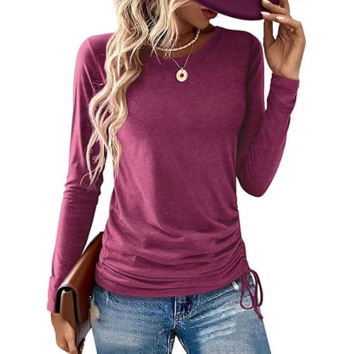 AIZHINENG Womens Long Sleeve Shirts Crewneck Tops Casual Fall Spring Trendy T-Shirts Outfits Clothes 2025 Wine Red - Image 1