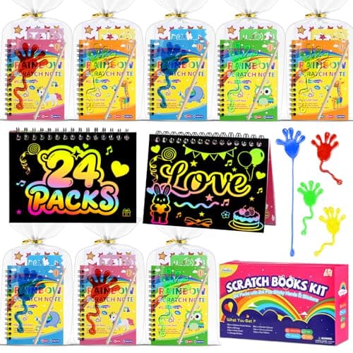 JMMICO 24*3 Pack Scratch Art Notebook+Sticky Hands+Stickers,Party Favors for Kids 4-8-12,Return Gifts for Birthday Party Bulk Toys,Goodie Bags Stuffers, Classroom Prizes Gifts for Students - Image 1
