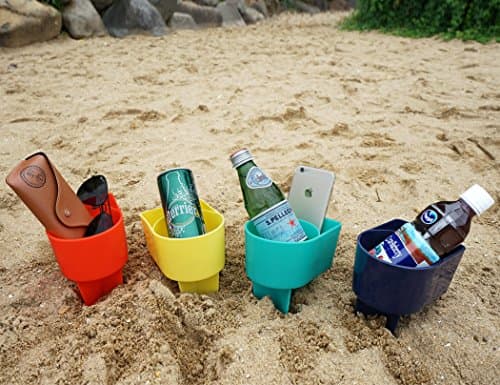 Home Queen Beach Cup Holder with Pocket, Multifunctional Sand Cup Holder for Beverage Phone, Beach Accessory Drink Sand Coaster, Set of 4 (Navy, Teal, Yellow and Orange) - Image 1