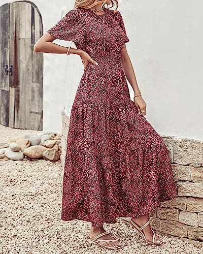 PRETTYGARDEN Women's Summer Casual Short Flutter Sleeve Round Neck Smocked Waist Tiered Boho Floral Flowy Maxi Dress(Floral Black and Red,X-Large) - Thumbnail 3