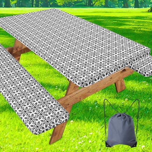 misaya Picnic Table Cover with Bench Cover, Waterproof Elastic Fitted Tablecloth for 6 Foot Tables, Rectangle Washable Polyester Tablecloths for Picnic, Camping, Outdoor (Black, 30" x 72") - Image 1