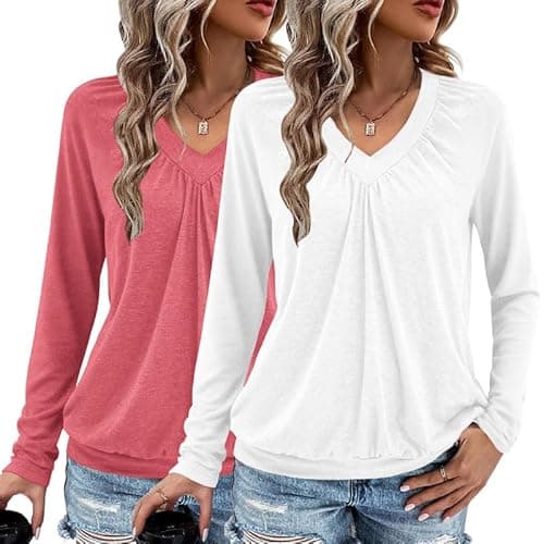 AIZHINENG 2 Pack Women Tops Long Sleeve Shirts V Neck Loose Fit Soft Casual Solid Color T-Shirts Fall Clothing - Image 1