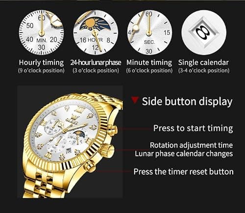 OLEVS Watches for Men Gold Stainless Steel Band, Classic Quartz Analog Wristwatch, White Dial Men's Dress Watch for Business and Daily Wear - Thumbnail 6