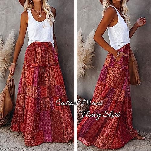 EARKOHA Womens Casual High Waist Tie Paisley Print Long Maxi Skirt with Pockets Red-1 L - Thumbnail 4
