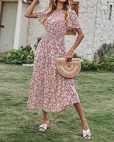 PRETTYGARDEN Women's Summer Casual Short Flutter Sleeve Round Neck Smocked Waist Tiered Boho Floral Flowy Maxi Dress(Floral and Leave Brown White,XX-Large) - Thumbnail 2