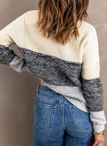 Dokotoo Women's Color Block Sweaters Winter Crewneck Long Sleeve Striped Fall Sweaters for Women Comfy Loose Knit Jumpers Pullovers Tops Gray Small - Thumbnail 2