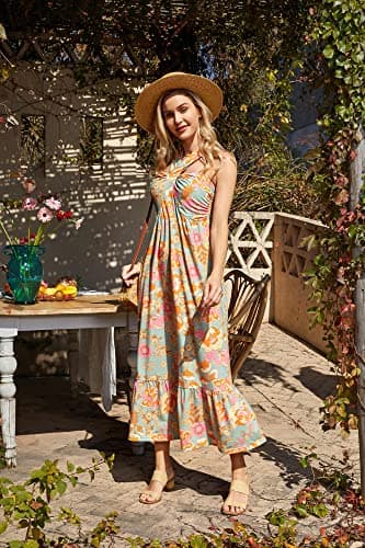 GRACE KARIN Women Crossover Halterneck Sleeveless Boho Summer Flowy Maxi Long Dress Greygreen XXL - Thumbnail 3