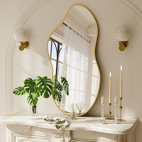 potijo Irregular Wall Mirror 24×46 Inch Wall Mirrors Decorative Gold Modern Asymmetrical Abstract Mirror for Bathroom Bedroom Living Room Entryway Hallway - Image 1