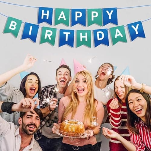 Happy Birthday Banner - Vibrant Happy Birthday Decorations & Sign, 250g Cardstock with 5m String, Perfect Party Decor for Kids, Men, Women & Celebrations, Blue & Green - Thumbnail 2