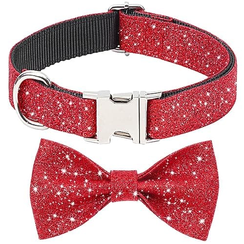 Jumpress Bling Bow Tie Dog Collar and Leash Set, Red Christmas Dog Collar with Bow and 5ft Leash for Medium Dogs, Cute Walking Boy and Girl Dogs Collar Set (Neck fit 13-19’’) - Thumbnail 2