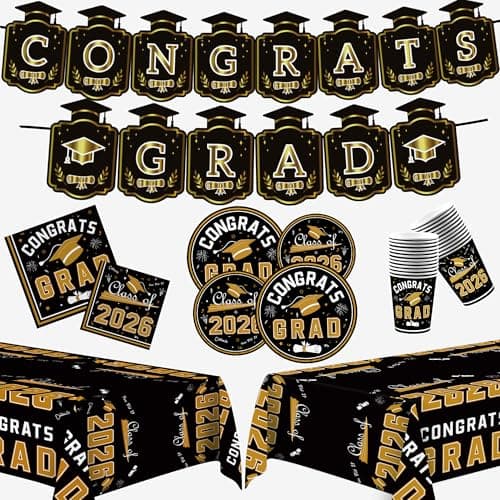 OHOME Graduation Decorations 2026 - Graduation Decorations Class of 2026 - Serve 24 - Black Plates Tablecloth Napkins Cups Banner - Graduation Party Favors Supplies - Image 1
