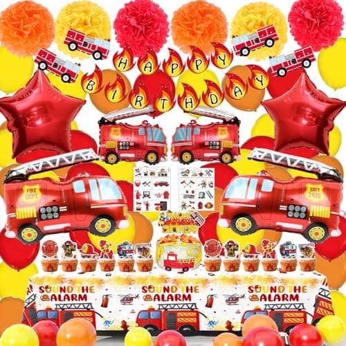 Fire Truck Birthday Party Decorations Kit – Fire Truck Balloons, Firefighter Theme Supplies with Banner , Table Cover, Cake Toppers, Tattoo Stickers for Kids & Boys - Image 1