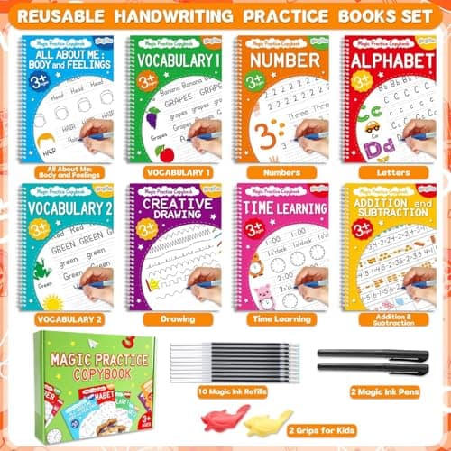 gisgfim 8 Pack Magic Grooved Writing Practice Books for Kids Reusable Magical Handwriting Workbooks with Disappearing Ink Pens Letter,Numbers,Math Tracing Copybook for Kindergarten Preschool Age 3-8 - Thumbnail 2