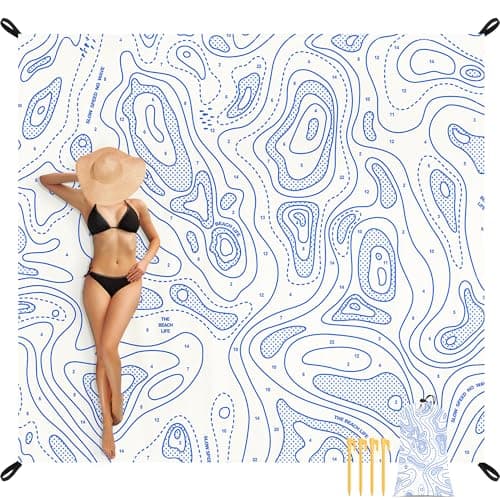 SkyNature Beach Blanket Sandproof, 78''×86'' Large Waterproof Sand Free Beach Mat for 4 Adults, Big Compact Foldable White Beach Essential with 4 Stakes & 4 Corner Pockets for Picnic, Camping, Travel