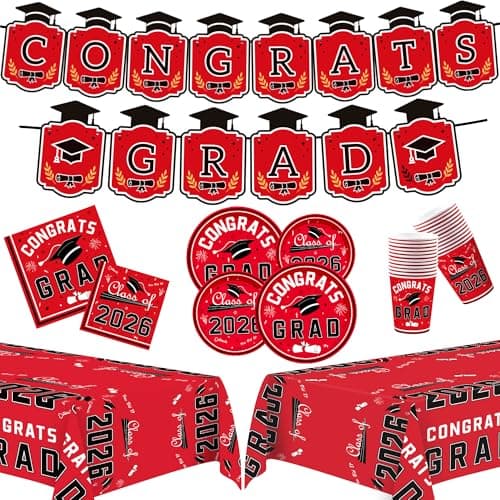 OHOME 2026 Graduation Decorations - Graduation Decorations Class of 2026 - Serve 24 - Red Plates Tablecloth Napkins Cups Banner- Graduation Party Favors Supplies - Image 1